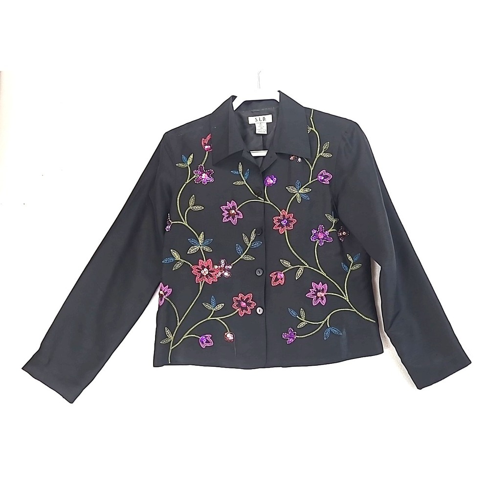 S.L.B.‎ 100% Silk Vintage Blazer Size 6 Floral Embroidered Sequins Y2K Shimmer
